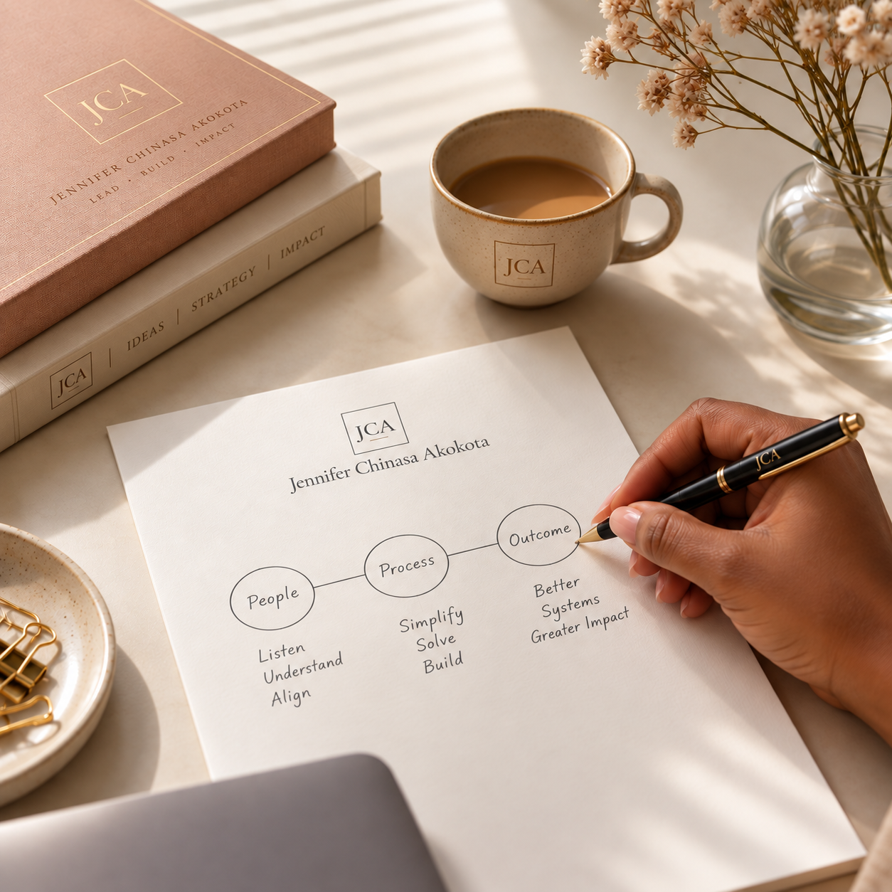 JCA-branded workspace with a people, process and outcome diagram