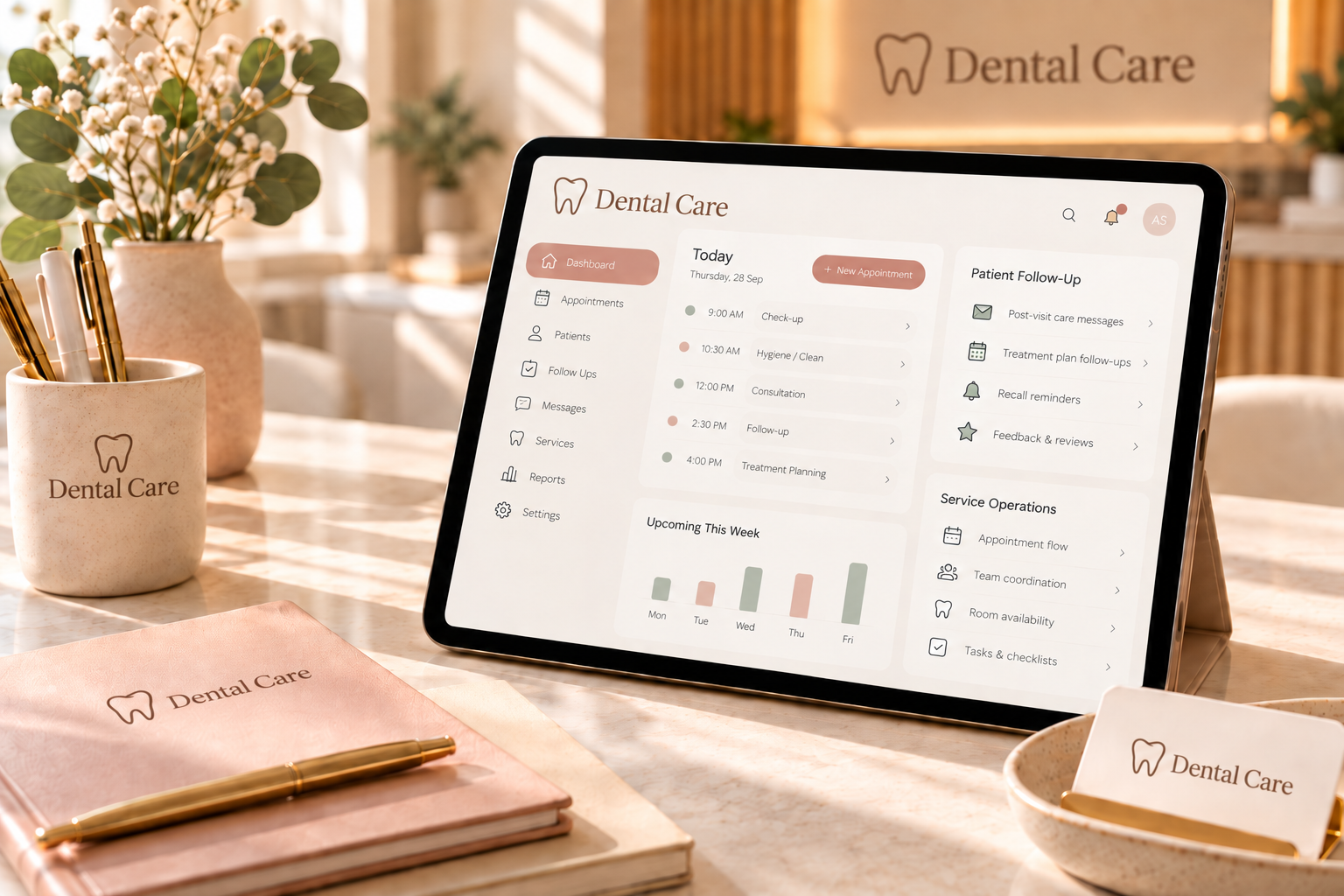 Conceptual dental-care customer operations desk with scheduling and follow-up interface