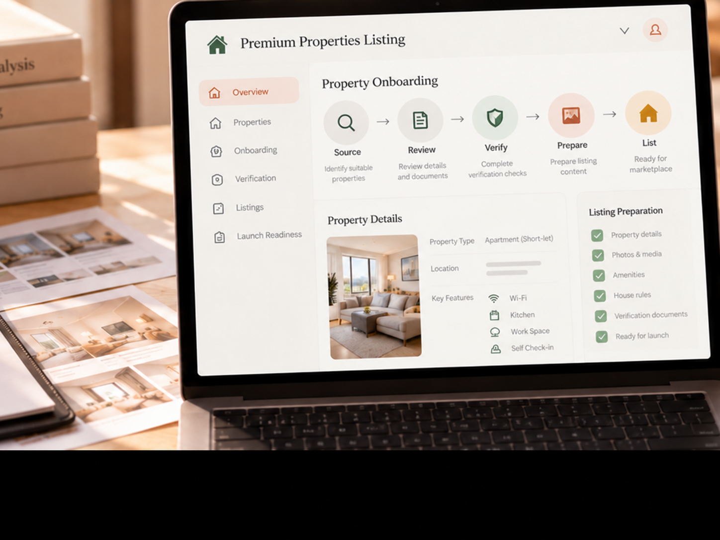 Short-let marketplace launch-readiness workspace showing property onboarding, verification and listing preparation.