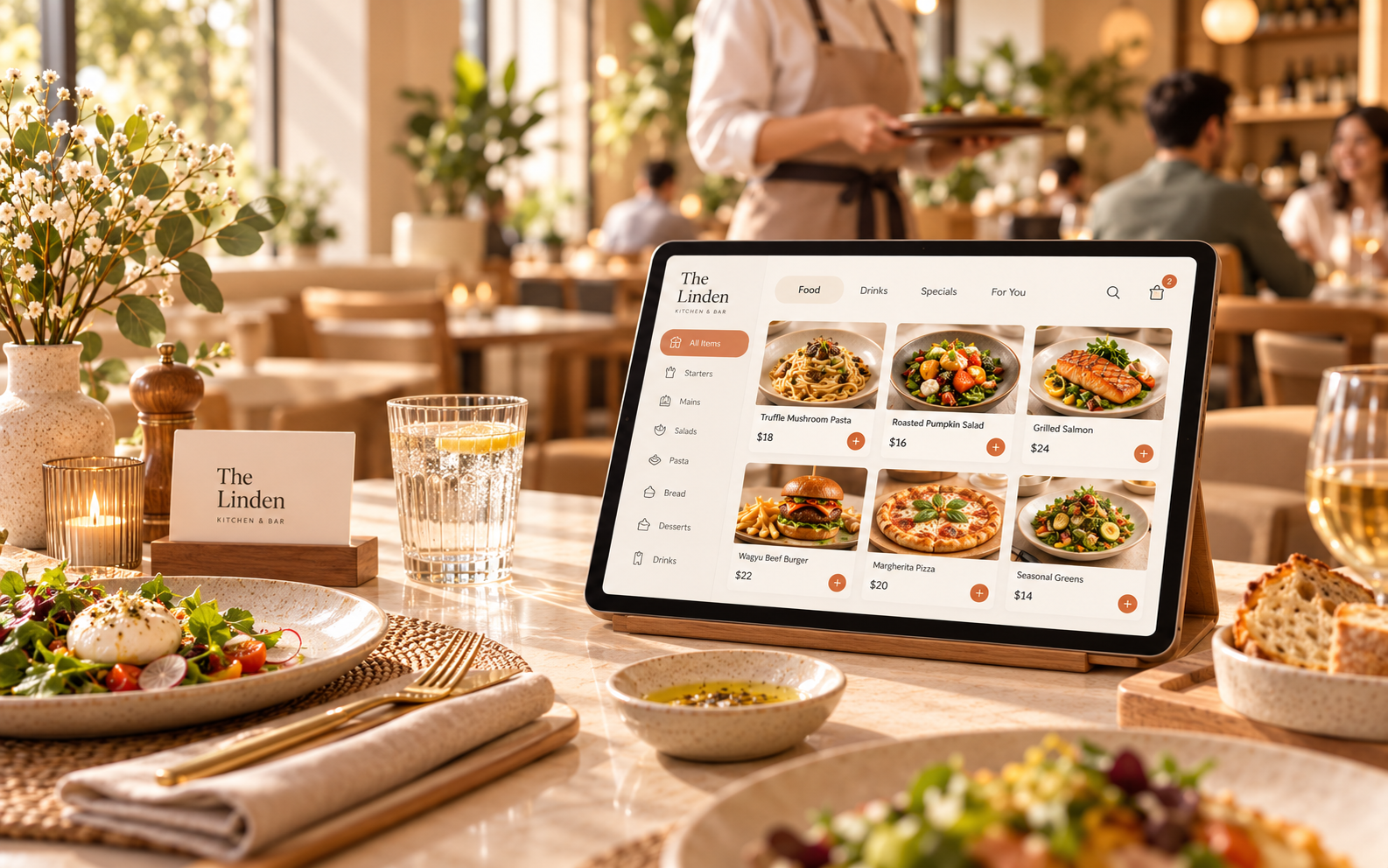 Warm café dining area with a digital ordering tablet at a table.