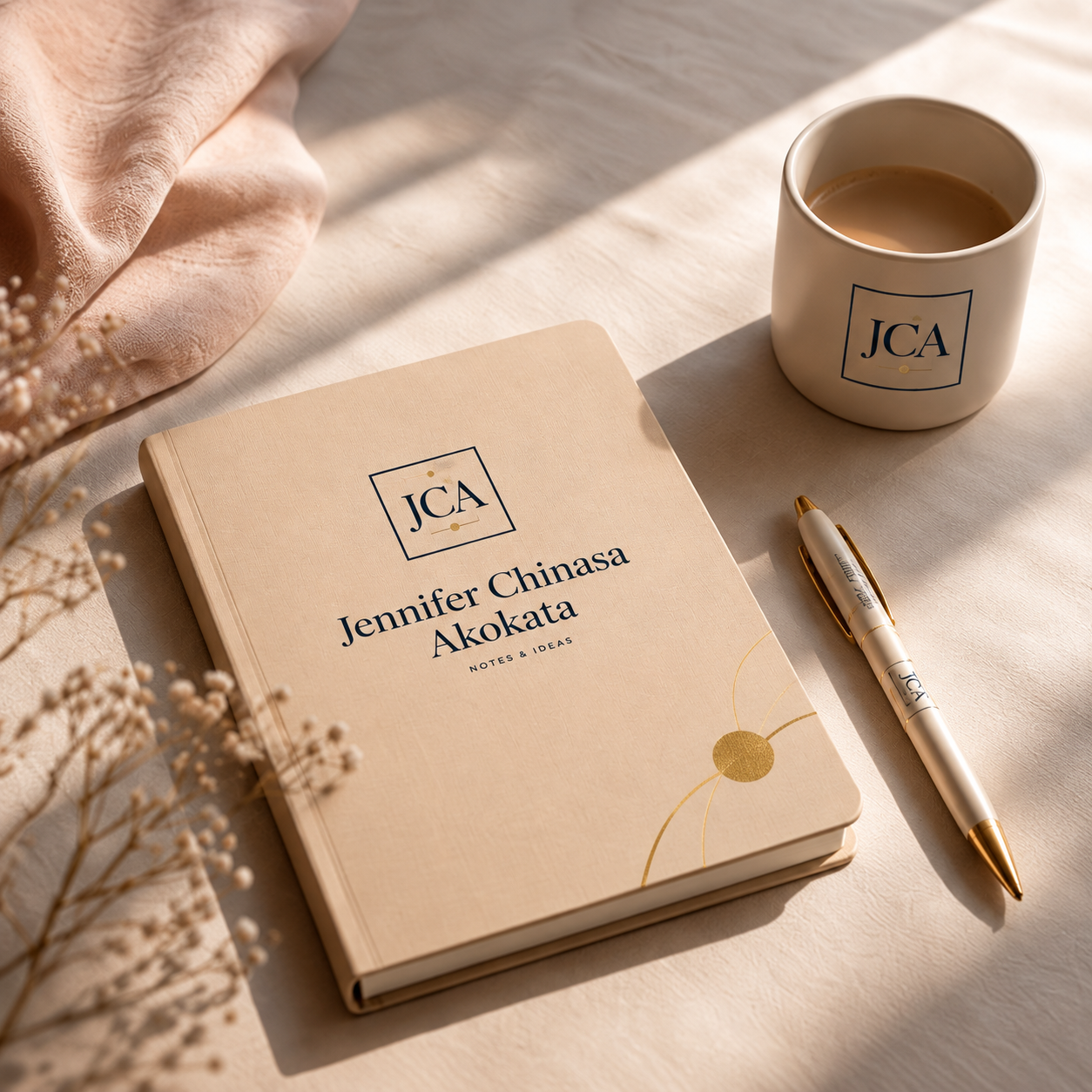 JCA-branded notebook, mug and pen