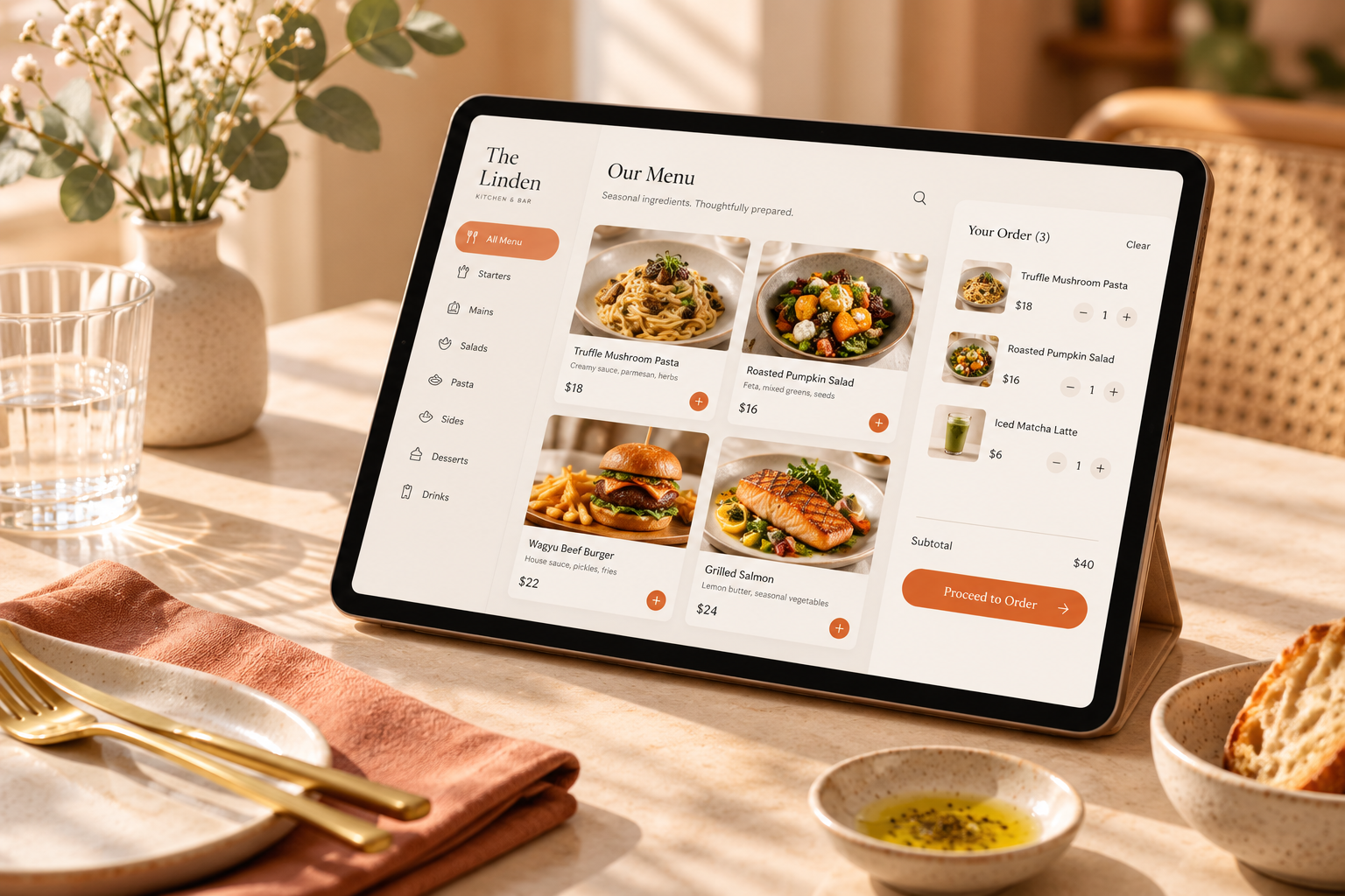 Conceptual digital ordering interface in a warm café tabletop setting