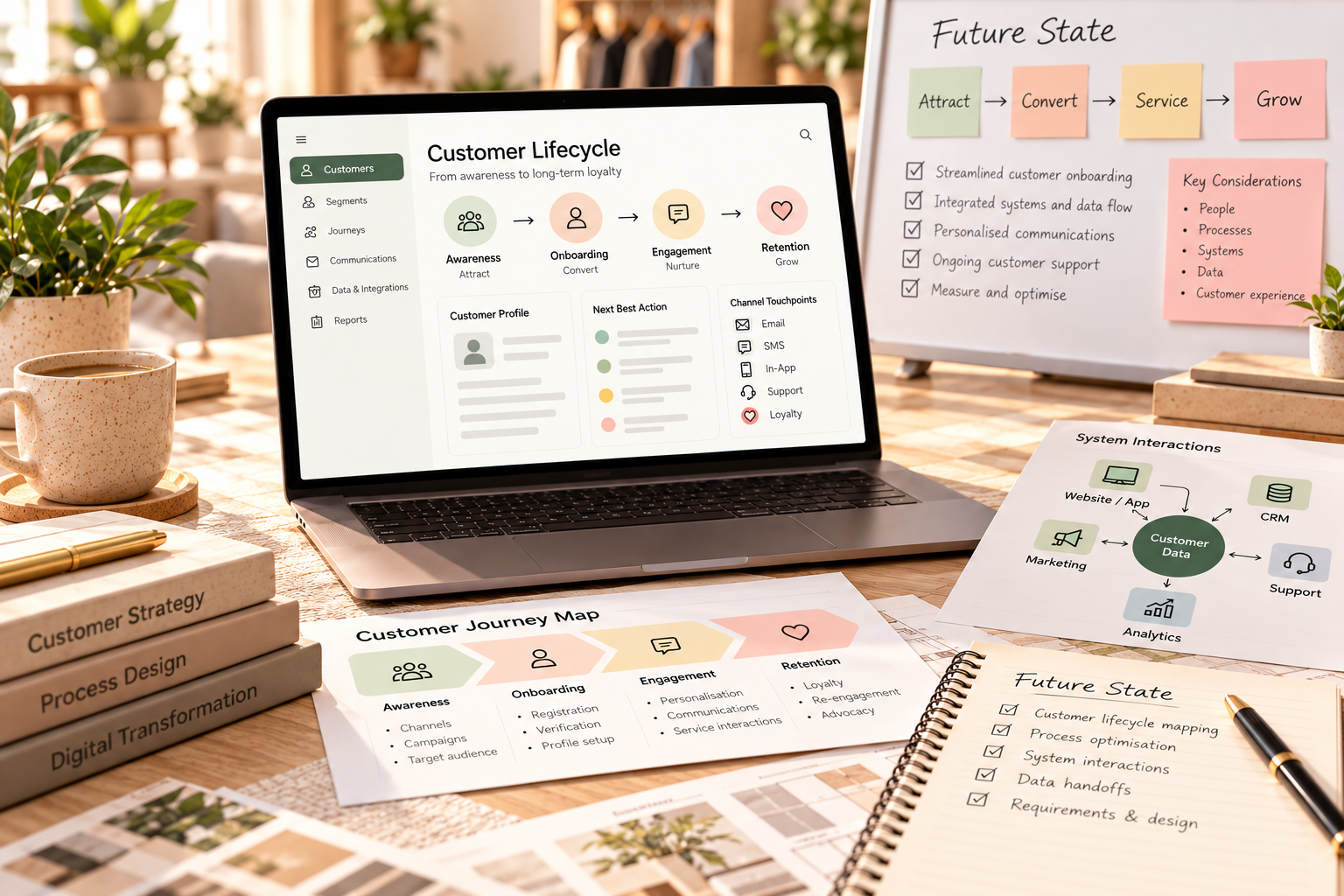 Future-state customer-management workflow workspace showing lifecycle mapping, system interactions and data handoffs.