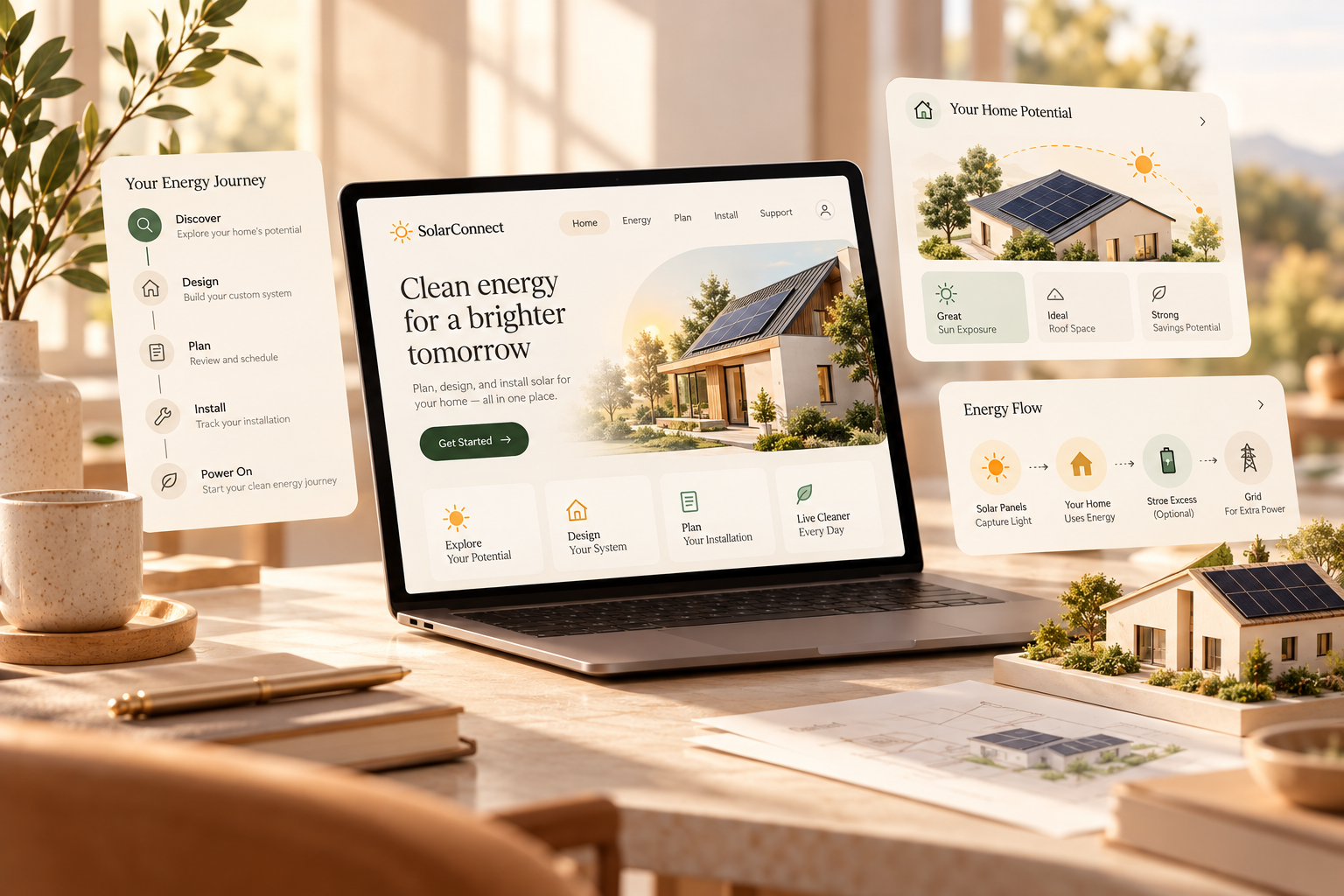 Conceptual renewable-energy digital product planning desk with solar interface