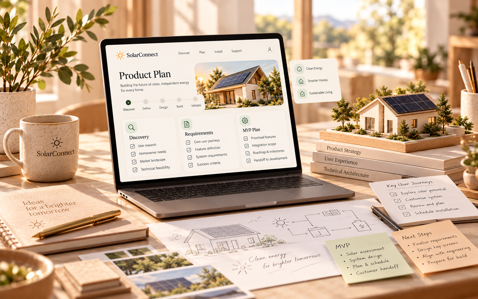 Renewable-energy product planning workspace with mobile interface concepts, solar imagery and planning materials.