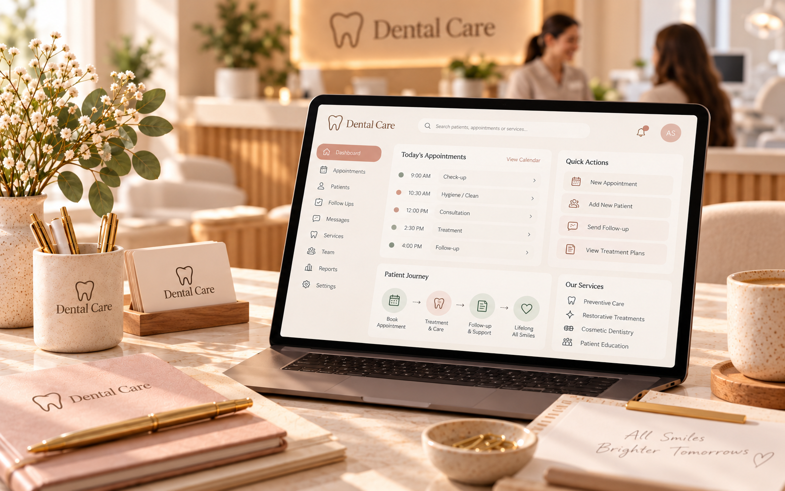 Warm dental reception workspace with an appointment-scheduling interface and care-coordination materials.